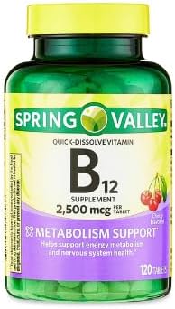 Generic Spring Valley Vitamin B12 2500 mcg B12 Quick-Dissolve Cherry Flavor Tablets Dietary Supplement Vitamin B12 120 Count + DRI Store +Sticker