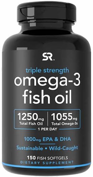 Sports Research Triple Strength Omega 3 Fish Oil - Burpless Fish Oil Supplement w/EPA &amp DHA Fatty Acids from Wild Caught Fish - Heart Brain &amp Immune Support for Men &amp Women - 1250 mg 150