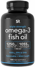Sports Research Triple Strength Omega 3 Fish Oil - Burpless Fish Oil Supplement w/EPA &amp DHA Fatty Acids from Wild Caught Fish - Heart Brain &amp Immune Support for Men &amp Women - 1250 mg 150