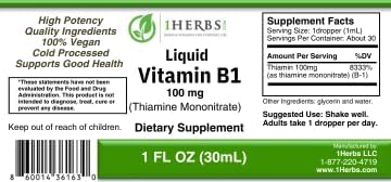 Liquid Vitamin B1 Thiamine Mononitrate 100mg per Serving– High-Potency Thiamine Drops for Energy Nerve Health &amp Mood Support – Alcohol-Free Fast-Absorbing Non-GMO Made in USA