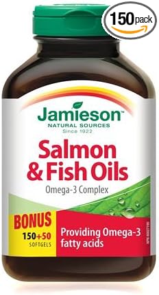 Jamieson Salmon &amp Fish Oils Omega-3 Complex Bonus Size 150+50 Softgels - Providing Omega-3 Fatty Acids