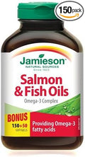 Jamieson Salmon &amp Fish Oils Omega-3 Complex Bonus Size 150+50 Softgels - Providing Omega-3 Fatty Acids