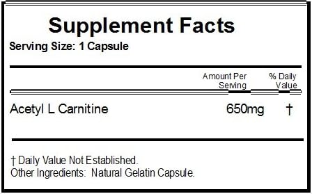 Acetyl L-Carnitine 650mg ~ 100 Capsules - No Additives ~ Naturetition Supplements