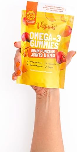 Vegums Fish-Free Omega-3 Gummies - 60 Orange-Flavored Algae-Based Omega-3 (DHA) &amp Vitamin E Supplement for Kids &amp Adults - Vegan &amp Vegetarian Friendly