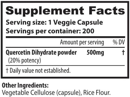 Quercetin 500mg Supplement - 200 Capsules - Quercetin Dihydrate