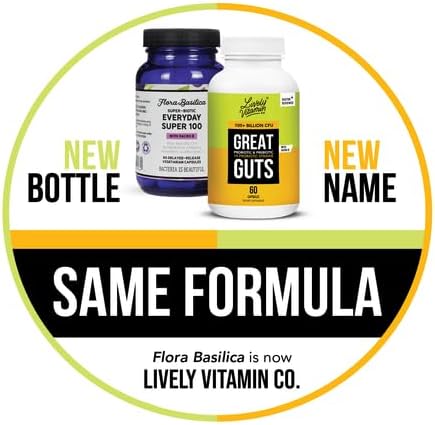 LIVELY VITAMIN CO. Great Guts Probiotic - 100 Billion CFU Probiotic - Balance Gut Microbiome GI Tract Inflammation Indigestion Reflux Upset Stomach &amp Diarrhea - 60 Caps