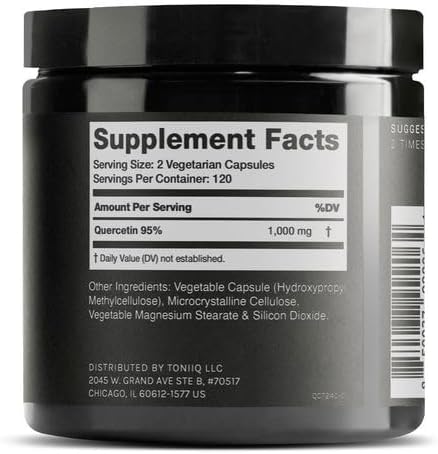 Toniiq Ultra High Purity Quercetin Capsules - 95%+ Highly Purified and Bioavailable - 1000mg Per Serving - 240 Capsules Quercetin Supplement