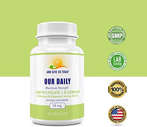Our Daily Vites L-Methylfolate B Complex Cofactors &amp Essential Amino Acids (15mg) - Active Folate Methylated B12 Methylcobalamin B6 and Glycine - 60 Count