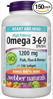 Webber Naturals Omega 3-6-9 Flaxseed Fish &amp Borage Oils 1200 mg 150 softgels Bonus Size