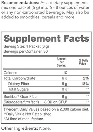 Tomorrow's Nutrition Sunfiber GI Prebiotic Fiber &amp Probiotic Blend 5g Prebiotic Fiber &amp 8 Billion Probiotics Per Serving Low FODMAP 30 Packets Unflavored