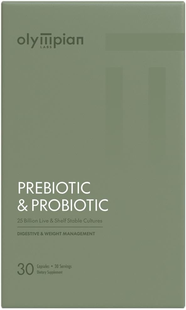 Olympian Labs Complete Prebiotic and Probiotic Supplement - 25 Billion Live Shelf Stable Cultures - 30 Vegetarian Capsules Helps Restore the Natural Balance Within the Digestive Tract.