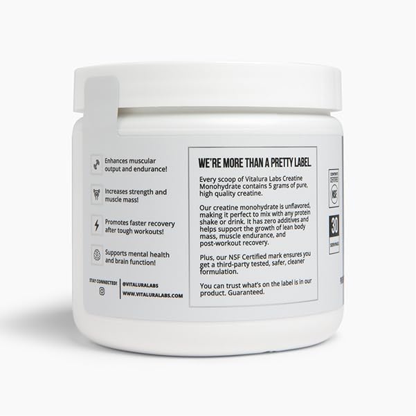 Vitalura Labs Pure Creatine Monohydrate - Unflavored Creatine Powder for Muscle Growth &amp Recovery - NSF Content Certified - 30 Servings
