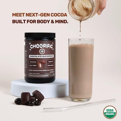 Dark Chocolate Superfood Powder - 17 Organic Superfoods + Prebiotic &amp Probiotics + More - Keto Friendly - Supports Positive Mood Gut Health - Vegan Gluten Free Non-GMO - 30 Day Supply