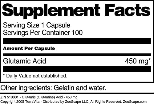 Glutamic (Glutamine) Acid - 450 mg (100 Capsules ZIN: 513331) - 3 Pack