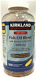 Kirkland Signature 100% Wild Fish Oil Blend with Wild Alaskan Salmon Oil 180 EPA 120 DHA 1000mg - 360 Enteric Softgels