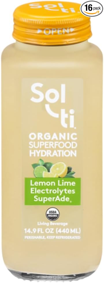 Organic Lemon Lime Electrolytes SuperAde Drink Effective Hydration SuperFood Lemonade by Sol-ti Cold-Pressed Juice Blend 16 Pack (14.9 Fl oz)