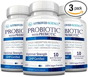 Approved Science Probiotic with Prebiotic - 10 Strains - 25 Billion CFU - 3 Bottles - Vegan