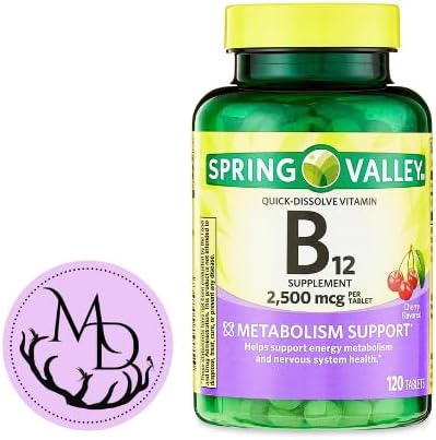 Generic Spring Valley Vitamin B12 2500 mcg B12 Quick-Dissolve Cherry Flavor Tablets Dietary Supplement Vitamin B12 120 Count + DRI Store +Sticker