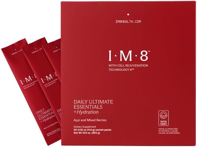 IM8 Daily Ultimate Essentials All-in-One Multivitamin Supplement 92 Nutrient Rich Ingredients CoQ10 Probiotics Vitamins Greens Gluten Free Vegan Acai Mixed Berry (30 Servings Travel Packs)