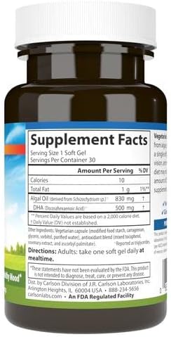Carlson - Vegetarian DHA 500 mg DHA Plant Based Sustainably Sourced from Algae Brain Support Mood Health 30 Softgels