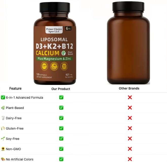 Vitamin D3 K2 B12 with Calcium Magnesium Zinc – 6-in-1 Bone &amp Muscle Support Complex | High Potency D3 5000 IU + K2 MK7 for Calcium Absorption Mobility &amp Energy | Non-GMO 120 Softgels