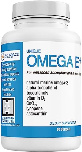UNIQUE E A.C. Grace Company Omega E+ - Fish Oil Supplement - with Marine Omega-3 Fatty Acids Vitamin E Vitamin D3 and CoQ10 - Helps Support Heart Brain and Skin Health - 60 Softgels