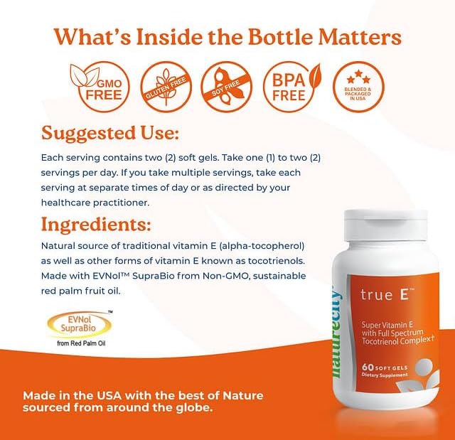 NatureCity True-E Full Spectrum Tocotrienols Vitamin E &amp Natural Alpha Tocopherol Supplement | Sustainable Tocotrienols from Evnol Suprabio | Non-GMO Vitamin E Complex | 120 Soft gels