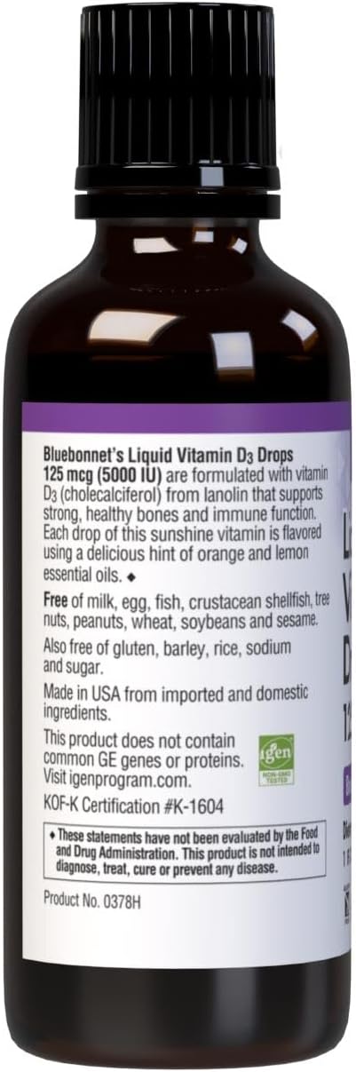 Bluebonnet Nutrition Liquid Vitamin D3 Drops 5000 IU Aids in Muscle and Skeletal Growth D3 Non GMO Gluten Free Soy Free Dairy Free Kosher Citrus Flavor (743715003781) 1 Fl Oz (Pack of 1)