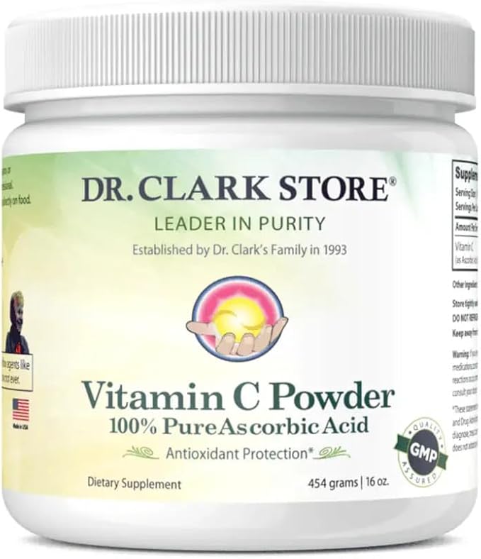 Dr Clark Vitamin C Powder Ascorbic Acid - Immune Support Supplement Gluten Free Potent antioxidant Supports Brain Function Promotes Tissue Formation and Repair 454gm | 16oz