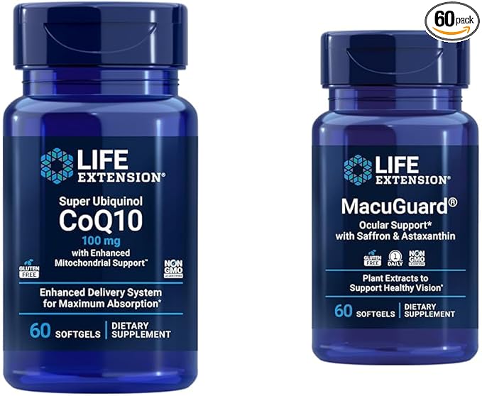 Life Extension Super Ubiquinol CoQ10 Heart Health Cellular Energy 60 Softgels &amp Macuguard Ocular Support Lutein Zeaxanthin Saffron Astaxanthin Eye Health 60 Count