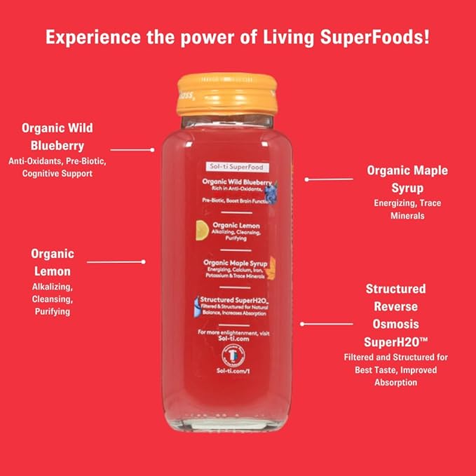 Organic SuperAde Hydration Drink with Powerful Anti-Oxidants SuperFood Lemonade by Sol-ti Cold-Pressed Wild Blueberry and Lemon Juice Blend 16 Pack (14.9 Fl oz)