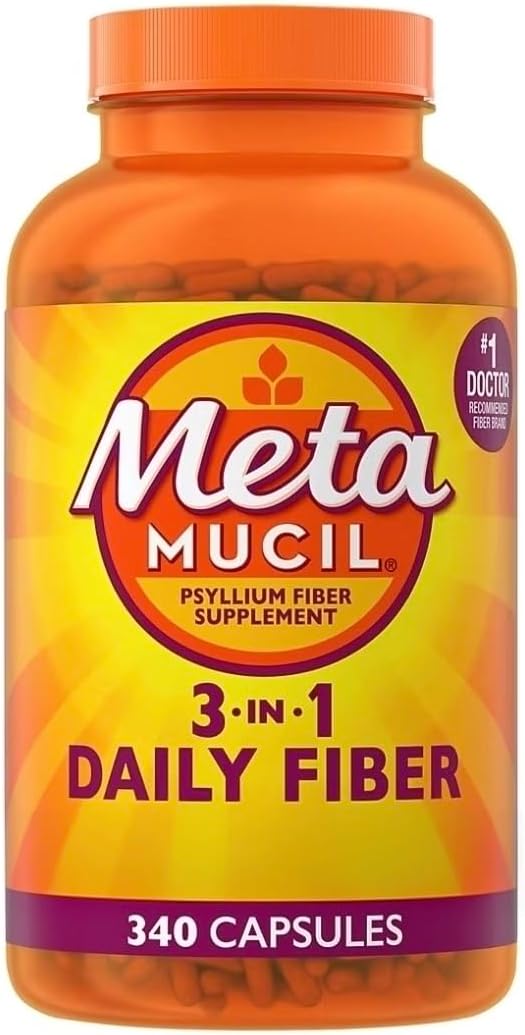 Metamucil 3-in-1 Fiber Capsules Daily Psyllium Husk Fiber Supplement for Digestive Health Plant Based Fiber Supplement 340 Capsules (Pack of 1)