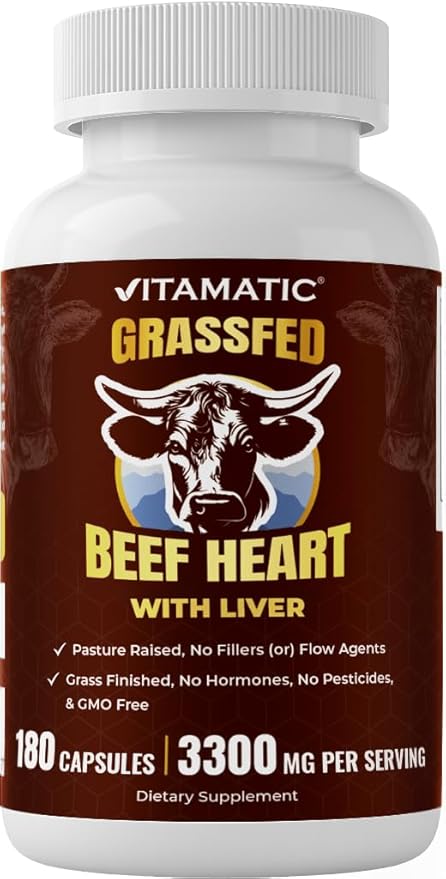 Vitamatic Grass-Fed Beef Heart with Liver 180 Capsules – Freeze-Dried Non-GMO Bovine Liver Supplement – Pasture-Raised Glandular-Based Formula