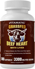 Vitamatic Grass-Fed Beef Heart with Liver 180 Capsules – Freeze-Dried Non-GMO Bovine Liver Supplement – Pasture-Raised Glandular-Based Formula