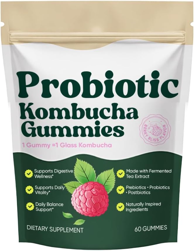 Probiotic Kombucha Gummies with Prebiotics Probiotics &amp Postbiotics – Digestive &amp Gut Health Support – Daily Balance Bloating Comfort &amp Microbiome Support – Vegan Non-GMO 60 Gummies