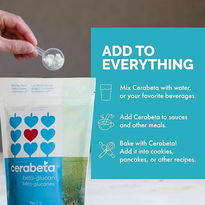 Cerabeta Barley Beta-Glucan Daily Supplement Powder 4-in-1 Natural Fiber Single Ingredient Sugar-Free Non-GMO.