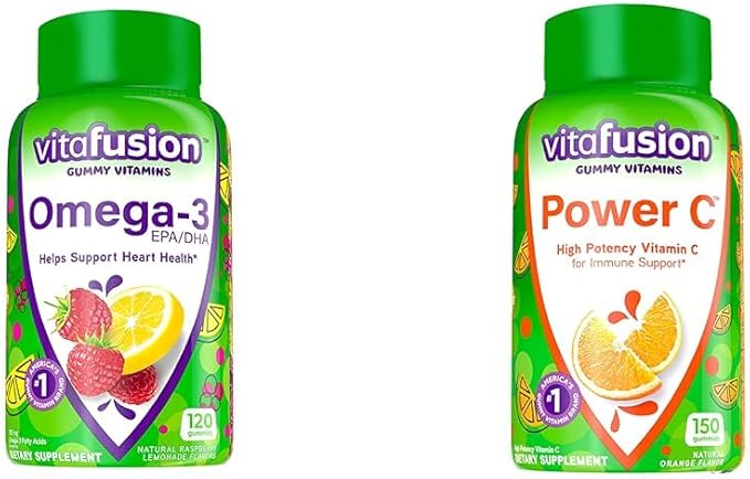 Vitafusion Omega-3 Berry Lemonade Heart Health Gummies 120 Count and Orange Flavored Vitamin C Gummies for Immune Support 150 Count