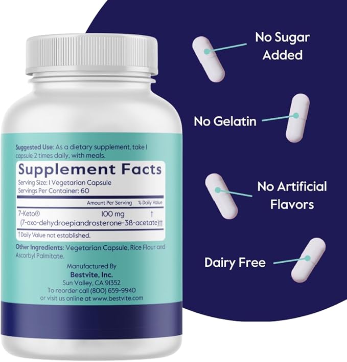 BESTVITE 7-Keto 100mg DHEA (60 Vegetarian Capsules) - No Stearates - Vegan - Non GMO - Gluten Free - Supports Energy Metabolism* - Easy to Swallow Capsules