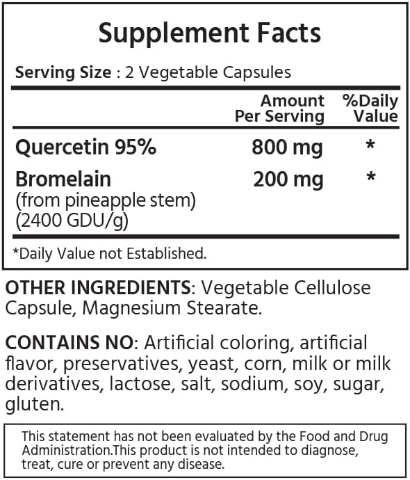 ML Naturals Quercetin 800mg with Bromelain 200 mg Per Serving 240 Vegetable Capsules. Supports Cardiovascular and Immune Health