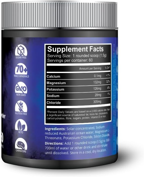 Aussie Trace Minerals Magnesium Hydration Powder | Supercharged Hydration Recovery | Magnesium-Rich Low Sodium | Ocean Minerals + Mag L‑Threonate | Sugar-Free unflavored | 60 Serves | Vegan Keto