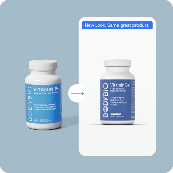 BodyBio - Vitamin B Complex Including B1 B2 B3 B5 B6 Methyl B12 Folinic Acid 5-MTHF and B7 to Supports Alertness Metabolism &amp Immune System 90 Capsules