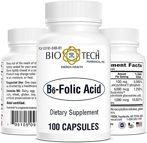 Bio-Tech Pharmacal B6-Folic Acid 100 Capsules – All-Natural Supplement – Supports Cardiovascular Bone &amp Nervous System Health – No Dairy Fish Gluten Peanut Shellfish Halal &amp Soy – No