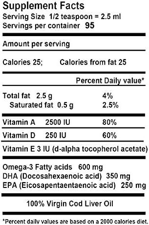 Virgin Cod Liver Oil - 8 Fl oz Natural Wild Caught &amp Fresh Tasting.High in Vitamin D Omega 3 DHA/EPA (Peppermint Flavored)