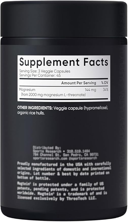 Sports_Researchs Magnesium L-Threonate 2000mg (135 Count Servings.) Advanced Brain Magnesium for Memory Focus &amp Cognitive Support