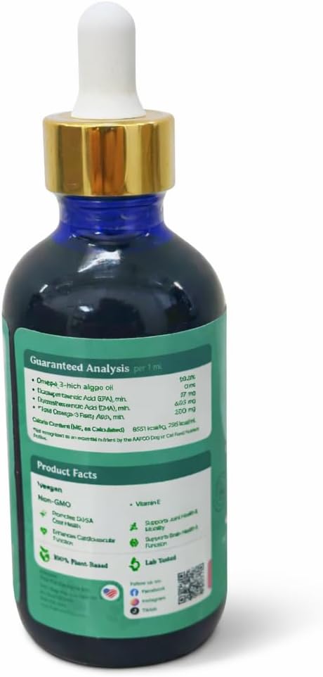 True Algae Omega | Plant Based Omega-3 Algal Oil for Dogs &amp Cats | DHA &amp EPA for Brain Nerve Heart Skin &amp Coat | Fish Oil Alternative | Single Ingredient | 4 oz