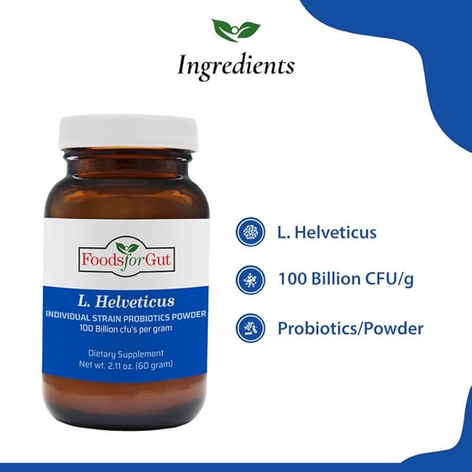 Foods For Gut Lactobacillus Helveticus Probiotic Powder 100 Billion cfu's | No Additives | Direct from Manufacturer | No Third-Party Storage | Immune Support | L. Helveticus | 60 Grams (2.11 Oz)
