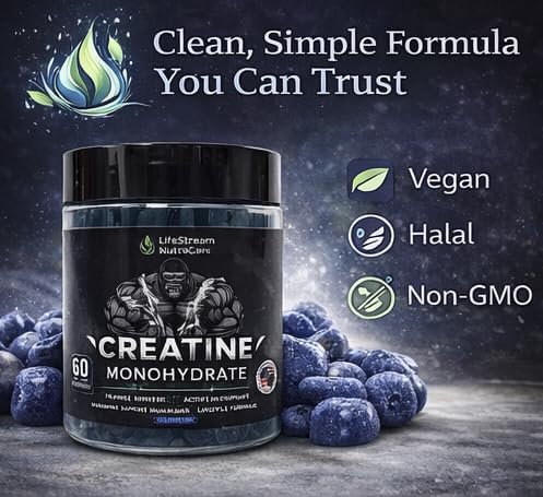 Strength &amp Performance Gummies – Creatine Monohydrate for Muscle Growth | Vegan Halal Non-GMO Blueberry Flavor (60 Ct)
