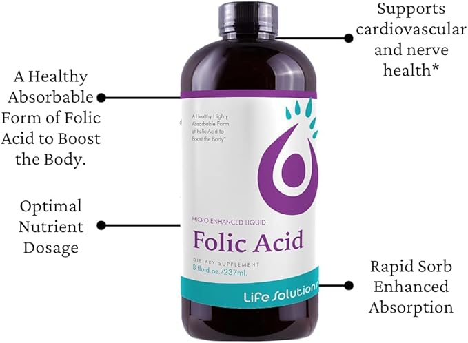 Life Solutions Liquid Folic Acid Supplement – 800 mcg Vitamin B9 per Serving – Berry Flavor 8 fl oz – Fast Absorption Prenatal Heart &amp Brain Support