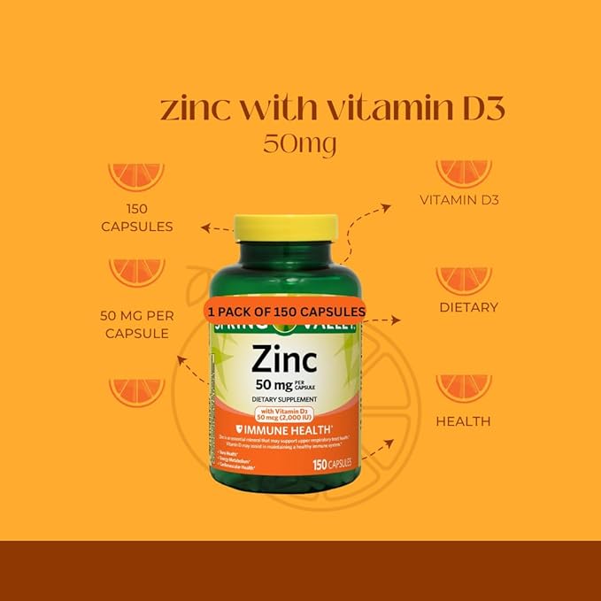 Zinc 50 mg with Vitamin D 50 mcg – 150 Vegetarian Capsules Dietary Supplement (Pack of 1)