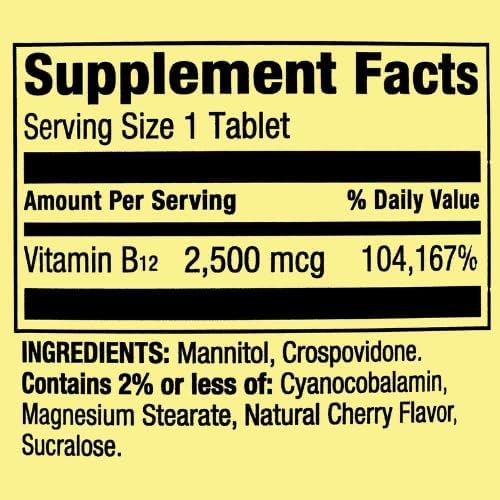 Generic Spring Valley Vitamin B12 2500 mcg B12 Quick-Dissolve Cherry Flavor Tablets Dietary Supplement Vitamin B12 120 Count + DRI Store +Sticker